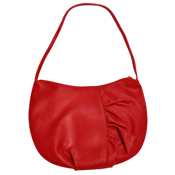 Vintage Red Genuine Leather Ruched Shoulder Bag