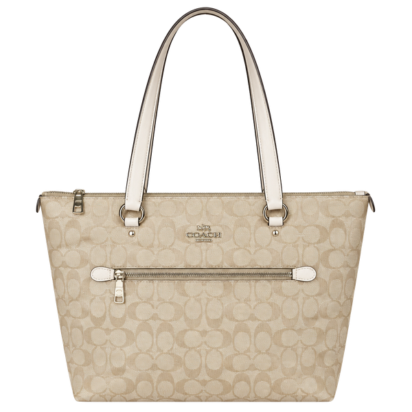 Coach Signature Zip Top Tote Bag Khaki Chalk White
