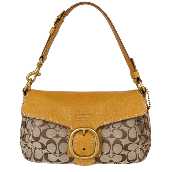 Coach Hamptons Signature Buckle Flap Shoulder Bag Brown Patent Leather