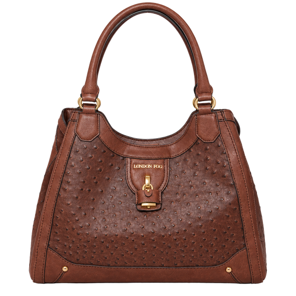London Fog Brown Ostrich Embossed Faux Leather Satchel Shoulder Bag