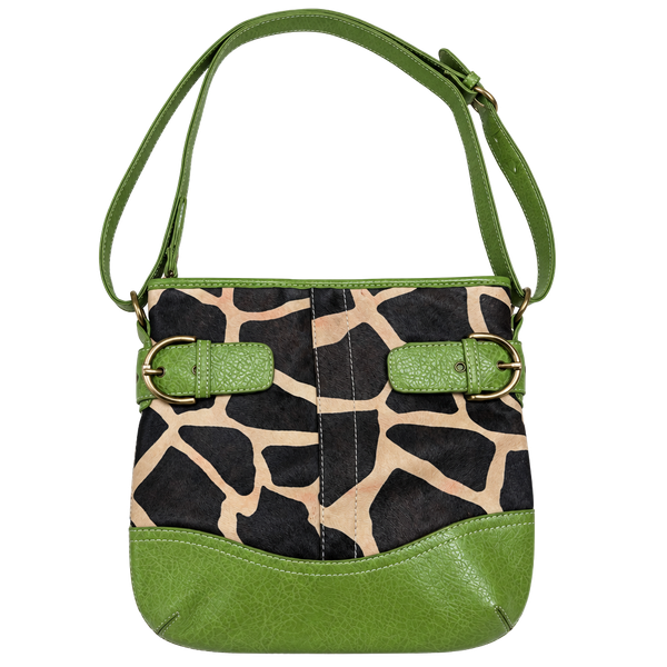 Vintage Giraffe Print Faux Leather Shoulder Bag Lime Green Trim