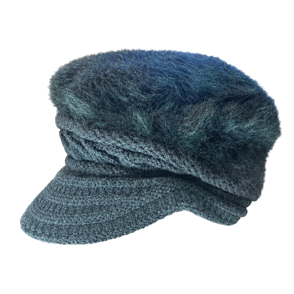 Black Knit Faux Fur Visor Beanie Hat 50% Angora