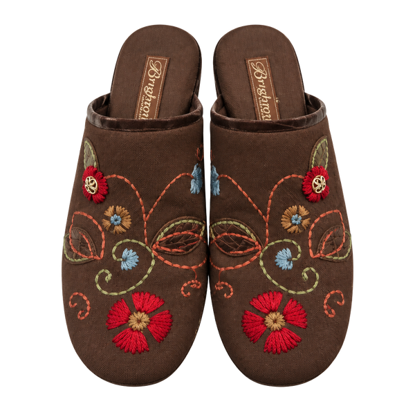 Brighton Fiona Size 9M Brown Embroidered Suede Clog Mules