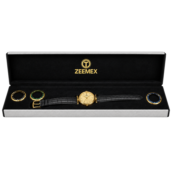 Zeemex Interchangeable Bezel Watch Gold Tone Black Leather Strap