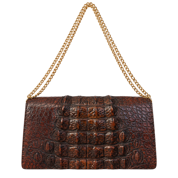 Vintage Crocodile Leather Shoulder Bag Brown Gold Chain