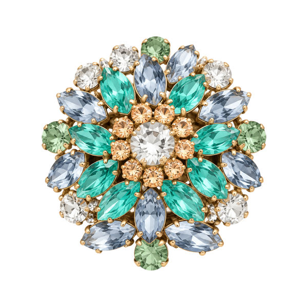 Vintage Blue and Green Rhinestone Floral Brooch