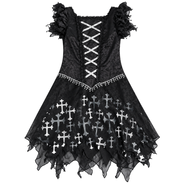 Dark Angel Witch Bride Costume Black Silver Cross Dress girls 14-16