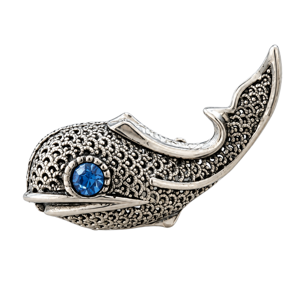 Vintage Pewter Whale Brooch With Blue Rhinestone Eye