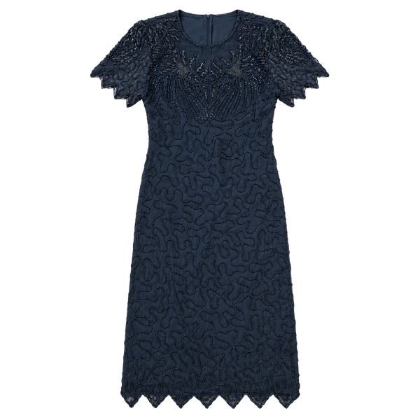 VTG 80s Laurence Kazar Beaded Silk Dress PXL Black Short Sleeve Midi Party
