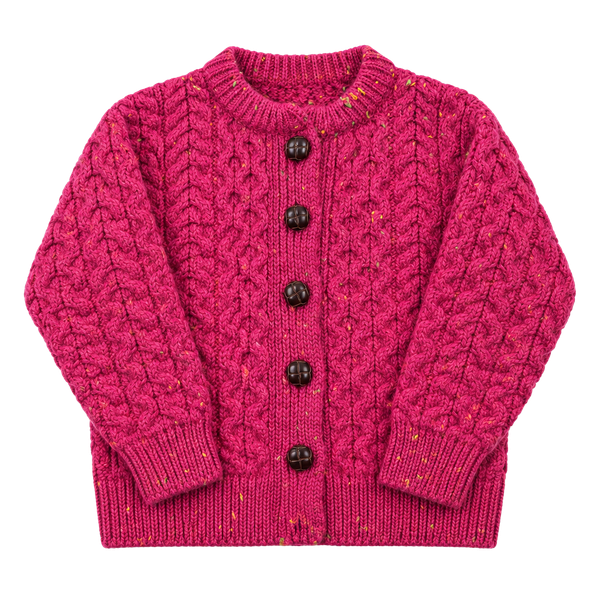 Blarney Woollen Mills Merino Wool Children’s Cardigan Size S Pink Cable Knit Sweater Made