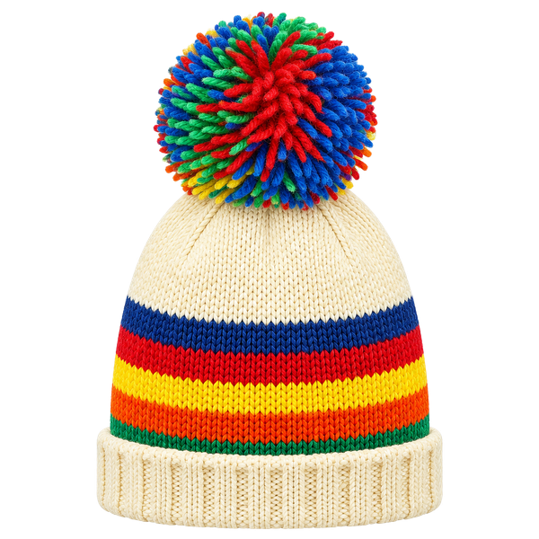 Vintage Smiley 100% Wool Rainbow Striped Knit Pom Beanie Hat