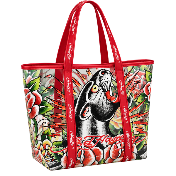 Ed Hardy Clear Tote Bag Large Lightweight Red Double Handles Floral Panther