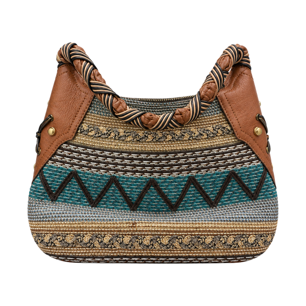 Eric Javits Straw Shoulder Bag Woven Patterned Leather Trim