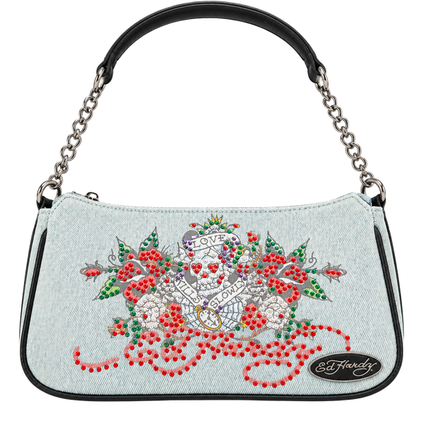 Ed Hardy Love Kills Slowly Denim Crossbody Bag red Rhinestone