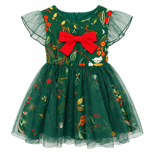 Mini Taylor Dress Size 2-3Y Green Floral Tulle Red Bow Holiday