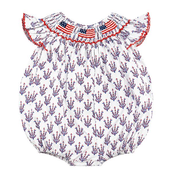 Poppy Kids Co Smocked Bubble Romper Size 12M Patriotic Floral Flag USA America 