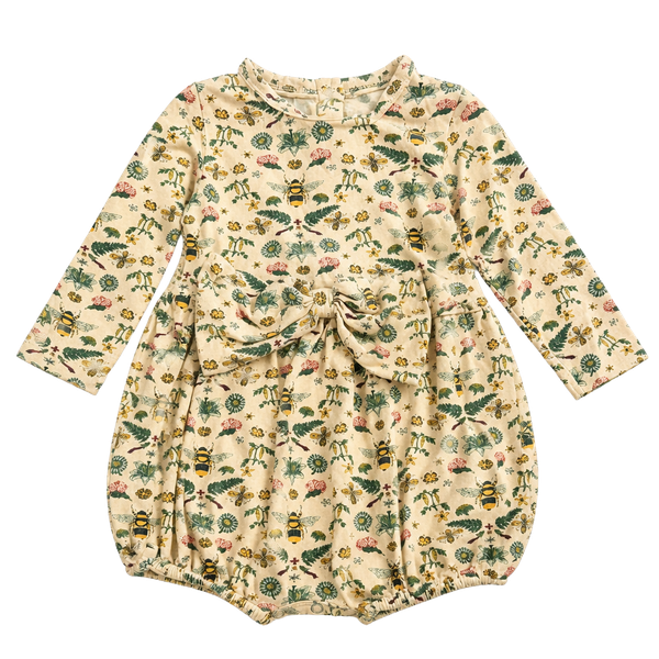 Kate Quinn The Woods Long Sleeve Bow Bubble Romper Size 6-12m Bee Floral Plant