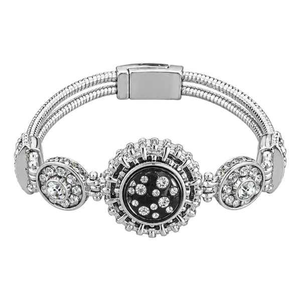 Silver Tone Crystal Snap Charm Bracelet with Snake Chain and Toggle Clasp