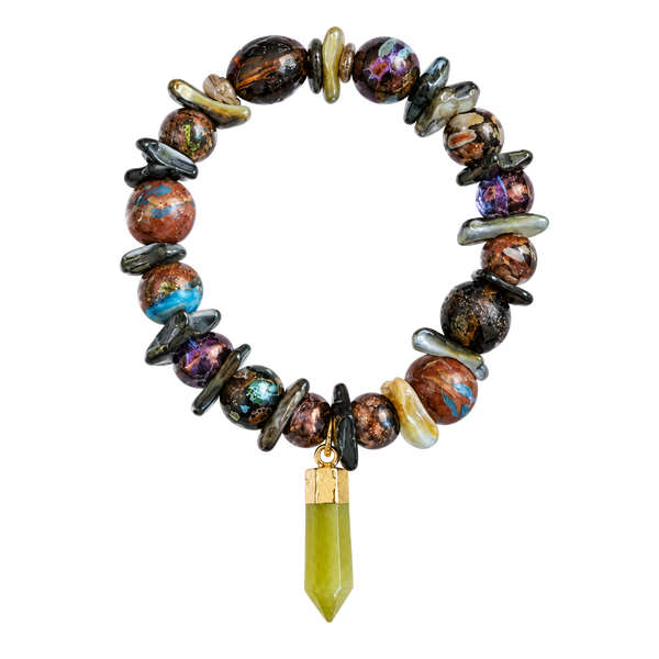 Multi Stone Crystal Bead Stretch Bracelet With Charm