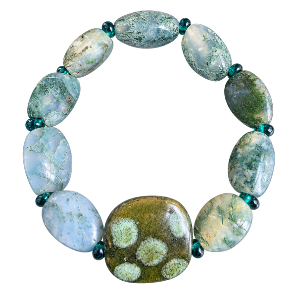 Moss Agate And Ceramic Bead Stretch Bracelet
