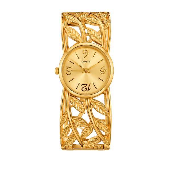 Vintage Gold Tone Leaf Filigree Cuff Bangle Quartz Watch