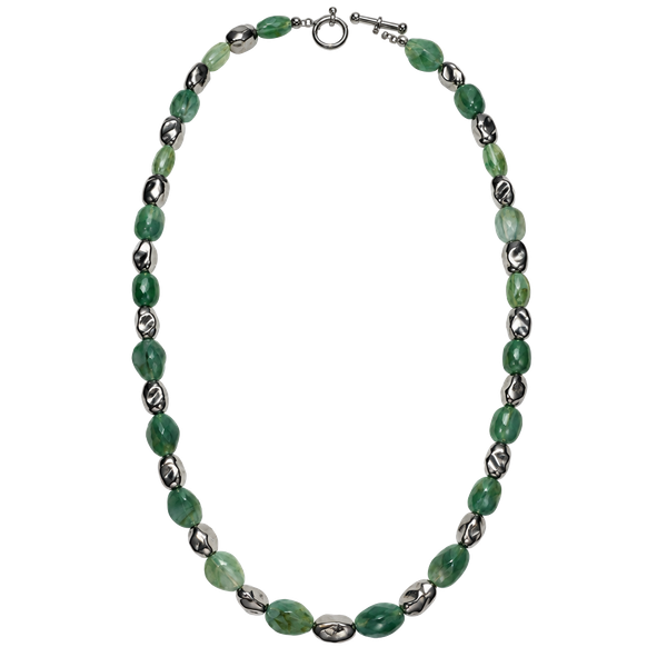 Vintage Green Stone And Silver Metal Beaded Toggle Necklace