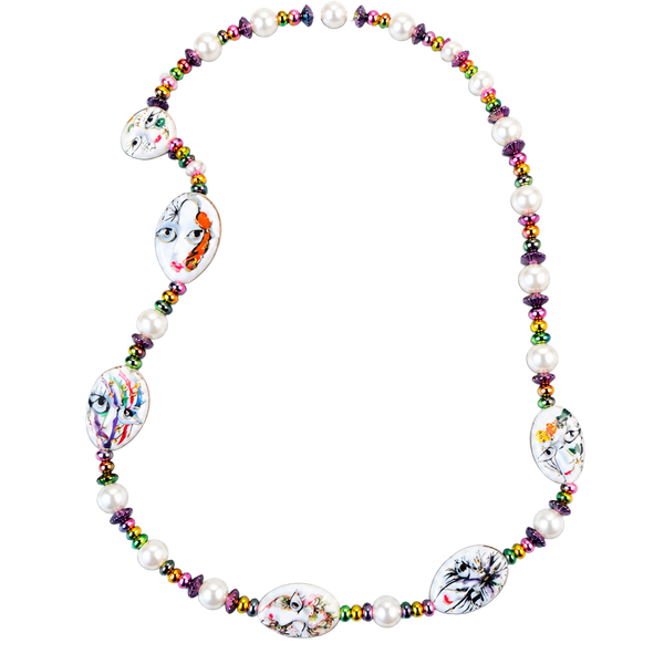 Vintage Hand Painted Mardi Gras Mask Face Bead Necklace