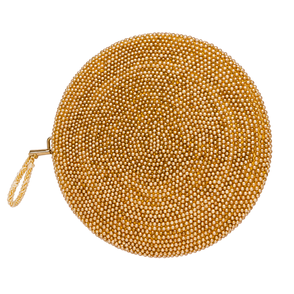 Vintage Beaded Round Coin Purse Gold Pearl Clutching Ring Zipper