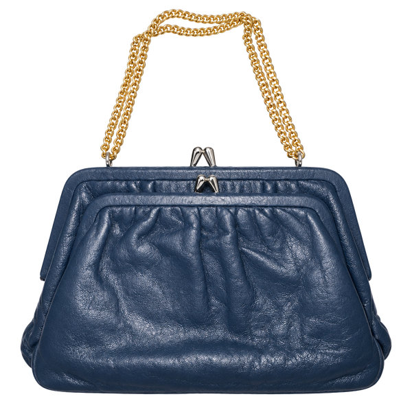 Etra Vintage Blue Leather Kisslock Double Frame Shoulder Bag