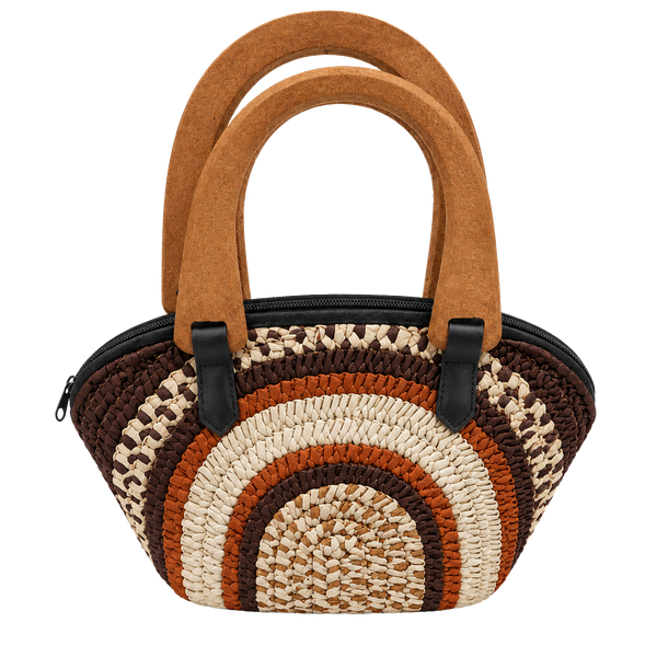 Vintage Handwoven Rattan Rainbow Wooden Handle Zipper Handbag