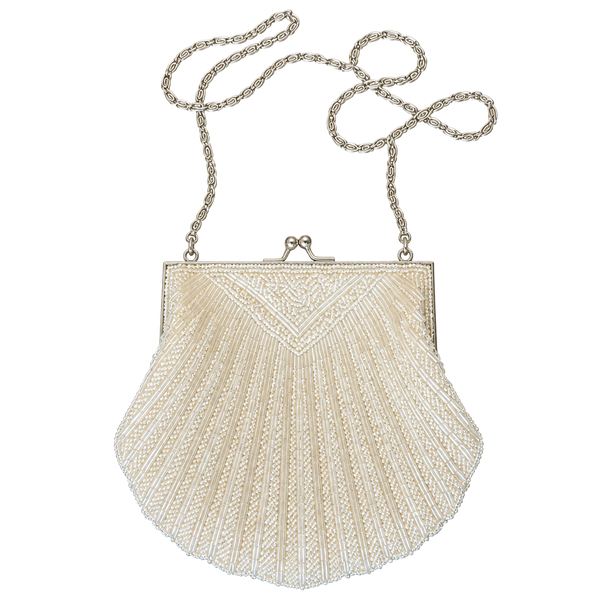 Valerie Stevens Beaded Shell Evening Bag White Silver Kiss Lock Chain Strap