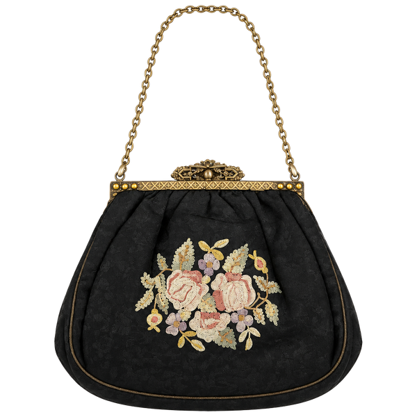 Vintage Antique Black Silk Embroidered Roses Evening Handbag