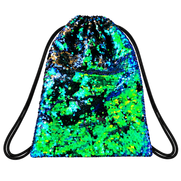 Reversible Sequin Drawstring Backpack Bag Green/Blue/Black Colorful