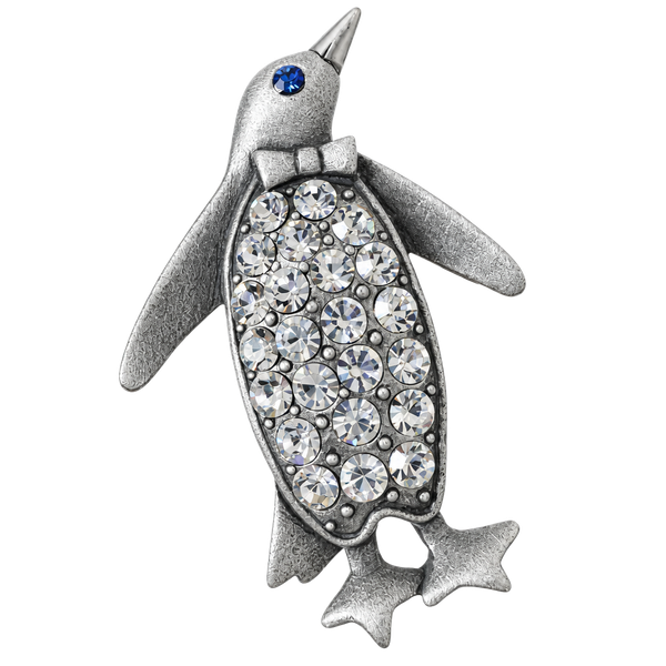 JJ Vintage Pewter Tone Rhinestone Penguin Brooch Pin with Blue Eye