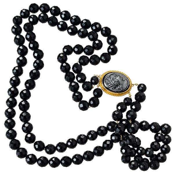 Vintage Black Faceted Glass Bead Necklace With Cameo Clasp