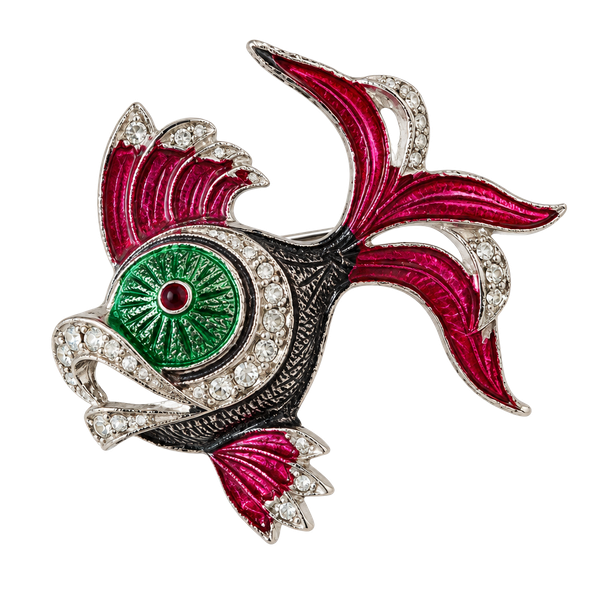 Czechoslovakia Enamel Fish Brooch with Green Eye and Rhinestones