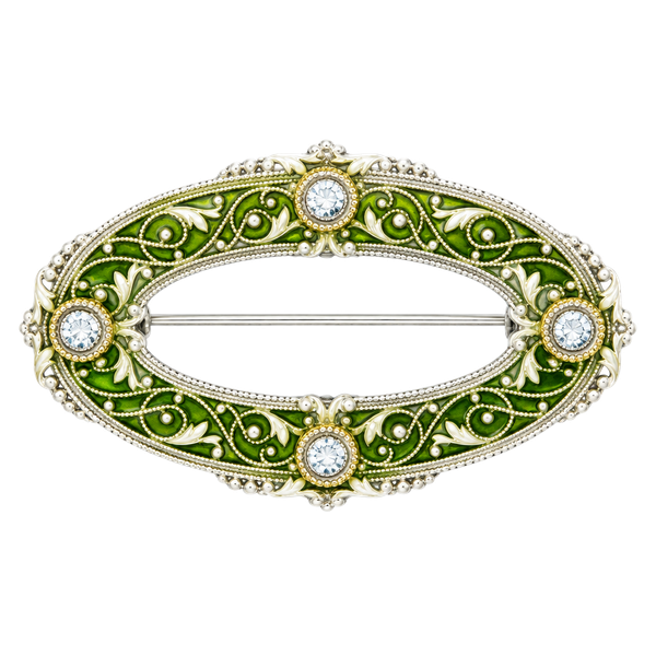 Vintage Filigree Oval Brooch Enamel and Rhinestone Art Deco Pin