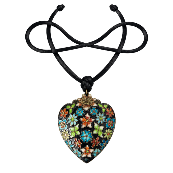 Vintage Cloisonne Enamel Puffy Heart Necklace Blue Flower Pendant Reversible