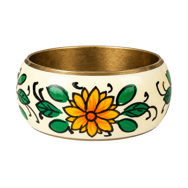 Vintage Hand Painted Floral Enamel Brass Bangle Bracelet with Heart Cutout