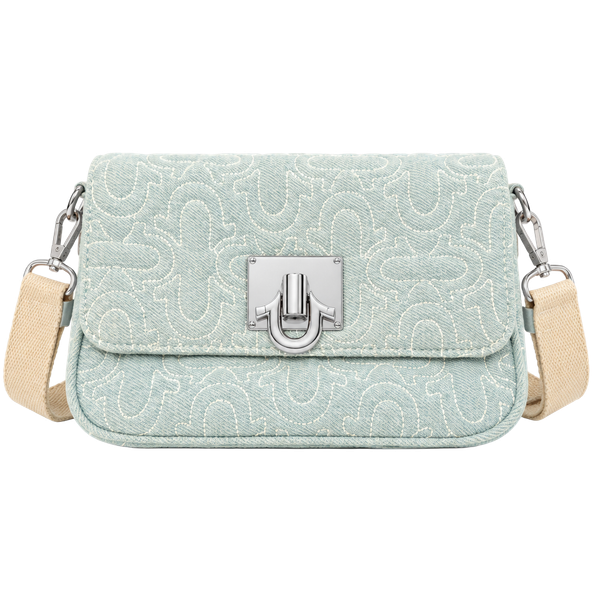 True Religion Quilted Denim Horseshoe Flap Crossbody Bag Light Blue