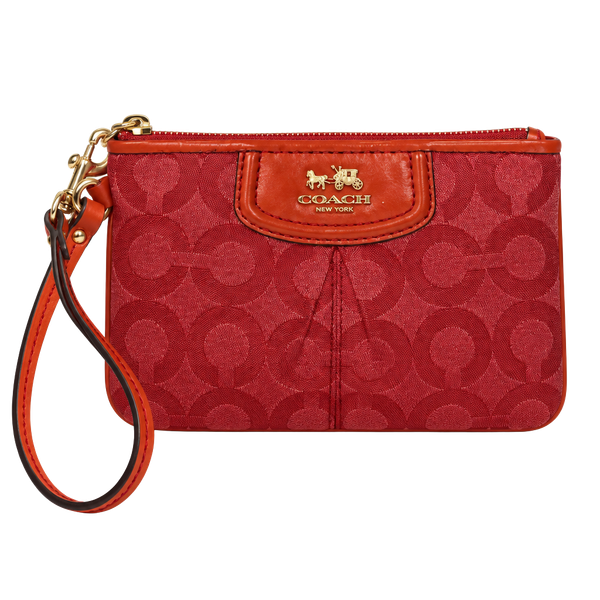 Coach Signature C Wristlet Coral Fabric Red Patent Leather Trim