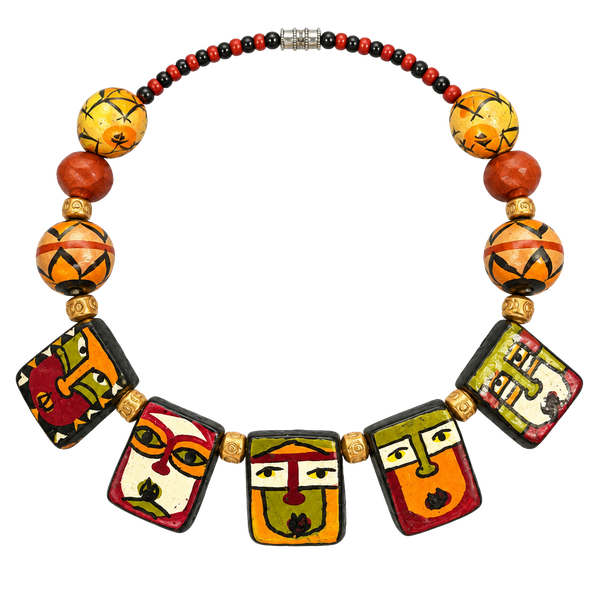 Handmade Tribal Face Painted Wooden Bead Statement Necklace