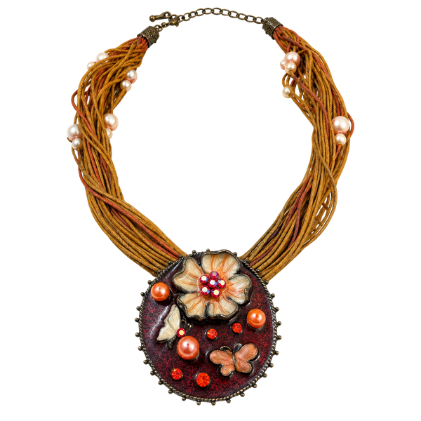 Vintage Multi-Strand Cord Flower Pendant Necklace 