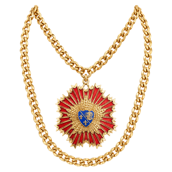 Vintage Heraldic Sunburst Red Enamel Shield Pendant Necklace
