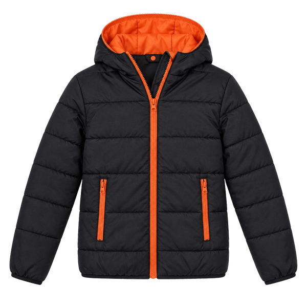 AOHUAFENG Puffer KidsJacket Size L Black Orange Hooded Quilted Coat