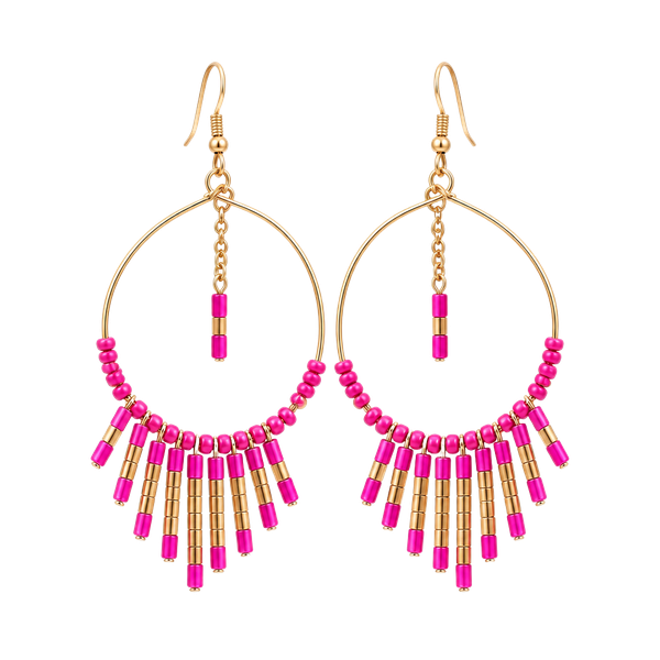 Aerie Beaded Fringe Hoop Earrings Pink Gold Tone New