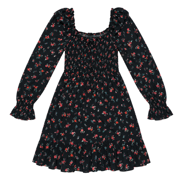 Wild Fable Floral Smocked Dress Size M Black Long Sleeve Ruffle