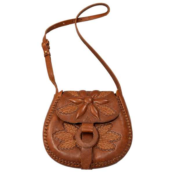Vintage Artisan Tooled Leather Floral Crossbody Saddlebag Brown Boho