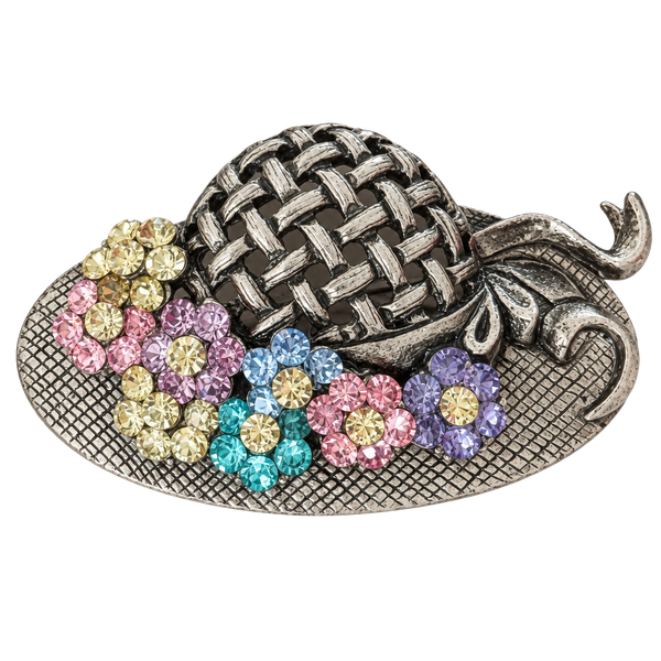 Vintage Rom Rhinestone Hat Brooch Silver Tone Multi Color Crystal Flowers