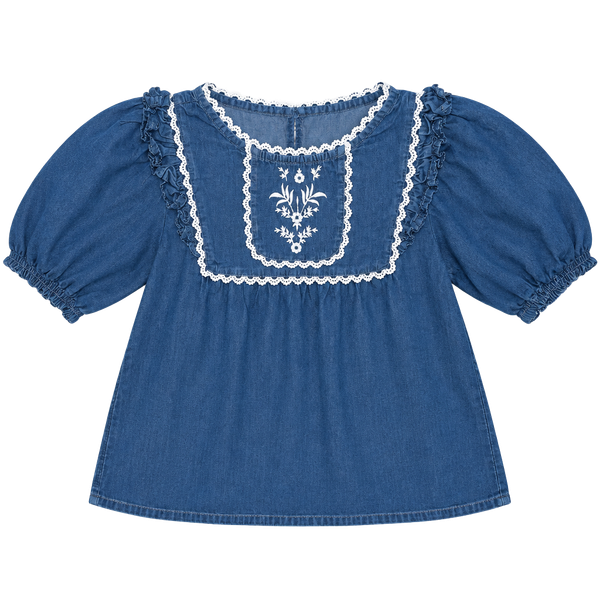 Mini Boden Denim Embroidered Top Size Kids 7-8Y Blue Chambray Ruffle Blouse